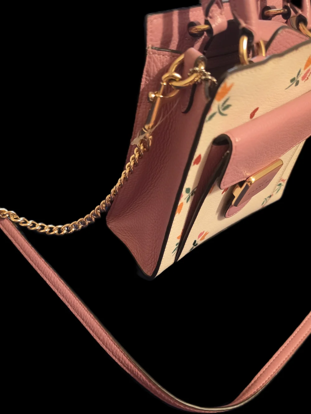 Coach Cream Mini Tote with Pink Floral Accents and Gold Chain